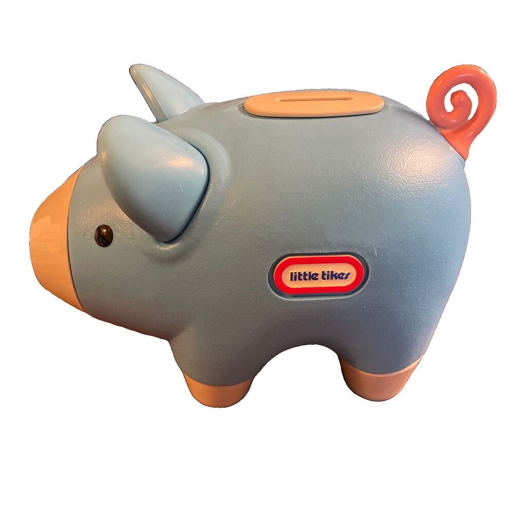 Vintage Little Tikes Blue Piggy Bank Toy w/Pink Curly Tail